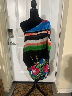 bebe One-Shoulder Black Multi-Color Striped Floral Tunic